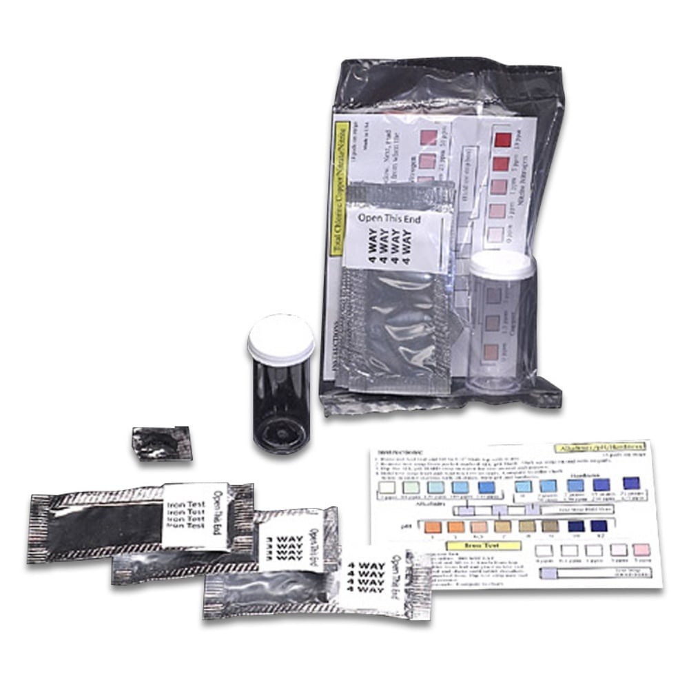 Image of the 8-Way Water Test Kit showing individually wrapped test strips, a test vial, and a color comparison chart. This kit includes one iron test strip and seven additional tests to evaluate water quality, ideal for home well water testing.