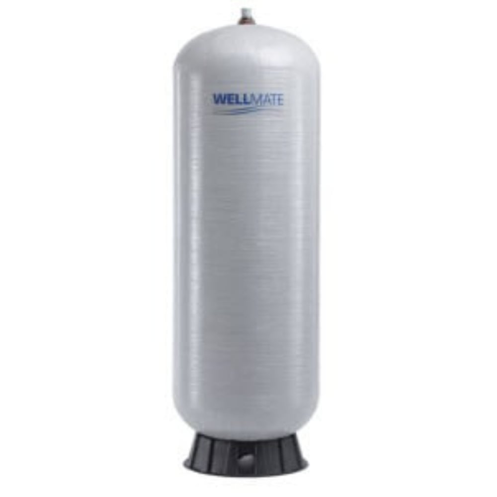 Gray WellMate 40-gallon contact retention tank with a black base, designed for water treatment systems to improve chemical contact time and ensure disinfection.