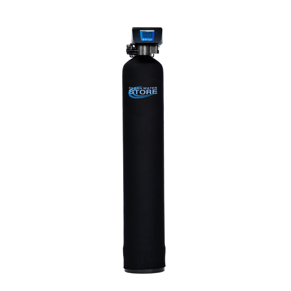 Carbon backwash filter system with digital control valve and black tank, branded with Clean Water Store logo. Designed for whole house filtration to remove chlorine, tastes, odors, and organic contaminants from water.