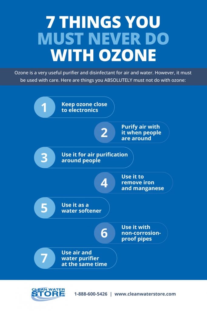 Infographic listing seven safety precautions for using ozone as a purifier and disinfectant for air and water. The tips include: 1) Keep ozone away from electronics, 2) Don’t purify air with it when people are present, 3) Avoid air purification around people, 4) Don’t use it to remove iron and manganese, 5) Don’t use it as a water softener, 6) Avoid using it with non-corrosion-proof pipes, and 7) Don’t run air and water purifiers simultaneously. The infographic has a blue background with numbered icons and the Clean Water Store logo at the bottom, along with contact information.