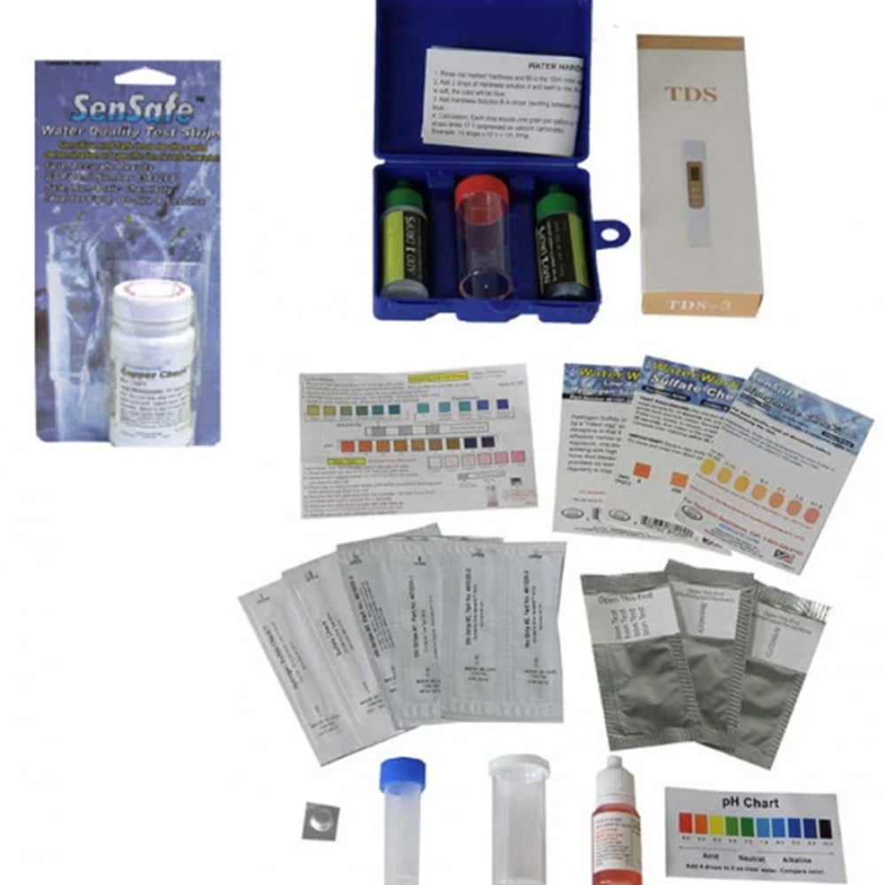 Complete basic corrosion test kit for well water, including water quality test strips, pH chart, TDS meter, reagent bottles, sample vials, and instruction cards for detecting metals, hardness, and other water quality issues.