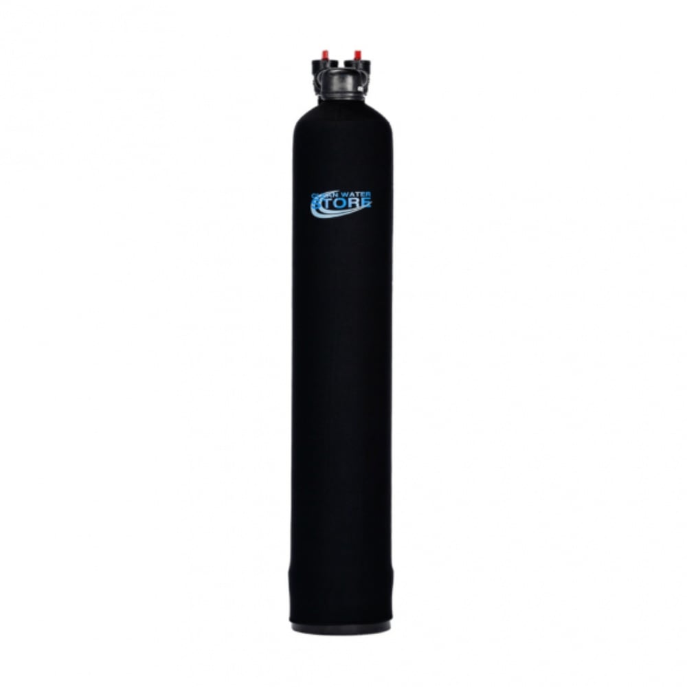 No-Salt Water Conditioner – Scale Stop system for 1–3 bathrooms, tall black tank with top-mounted connections, designed for salt-free scale prevention.