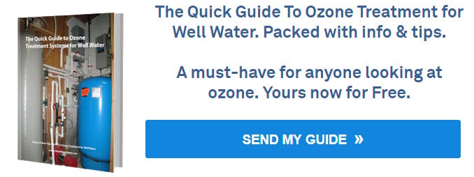 Cover of “The Quick Guide to Ozone Treatment Systems for Well Water” with an image of a blue pressure tank and piping setup, alongside a free guide download prompt.