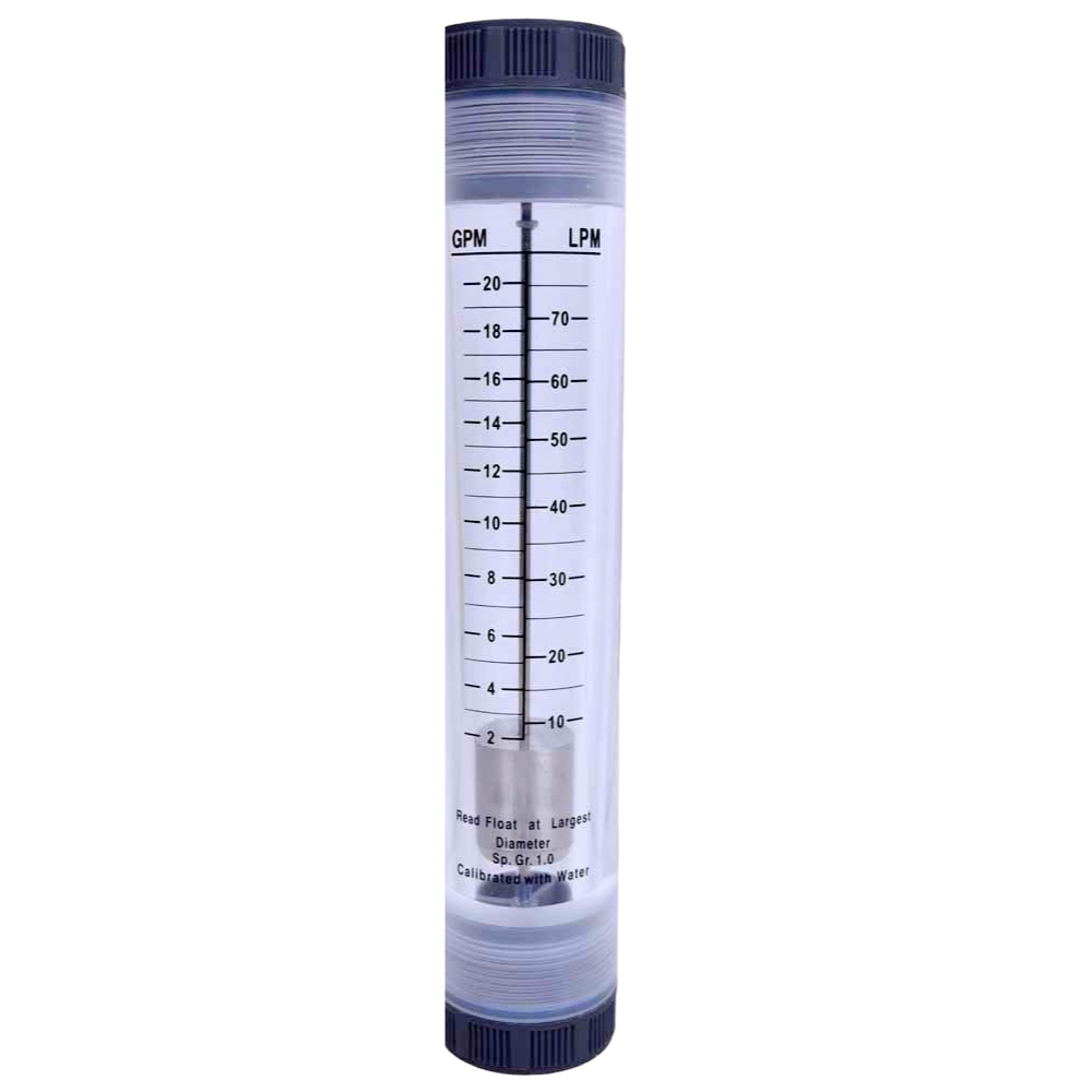 Clear vertical flow meter showing flow rate in gallons per minute (GPM) and liters per minute (LPM), designed for 1-inch pipe systems to monitor water output.