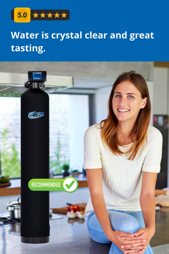 A smiling woman sits in a bright modern kitchen next to a Clean Water Store filtration system with a digital control head. A 5-star customer review states, "Water is crystal clear and great tasting." A green "Recommended" badge is displayed on the unit