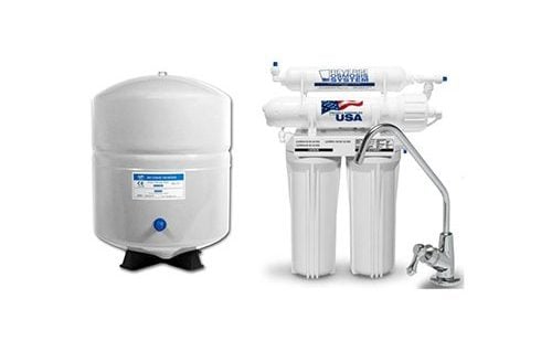 Compact reverse osmosis water filtration system with white tank, three-stage filter unit, and chrome faucet, designed for high-flow 60 GPD filtration.