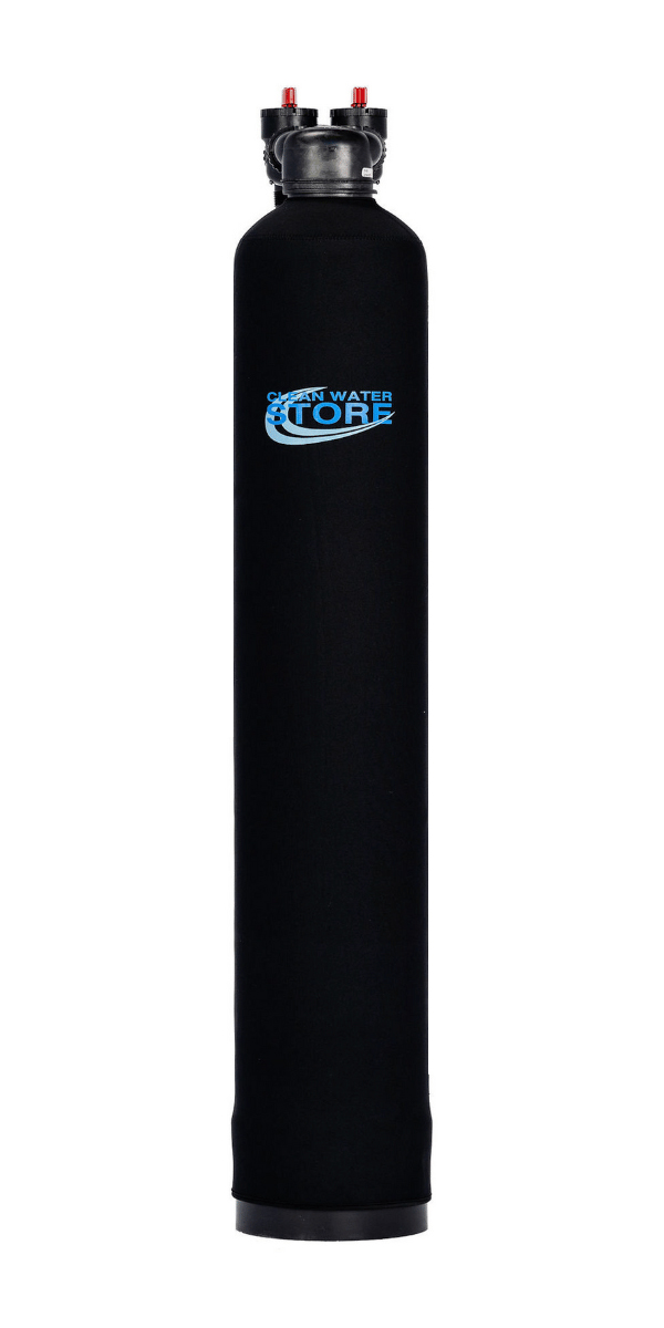 Tall black PFAS high-capacity water filter system with top-mounted connectors, designed for whole-house filtration of PFAS contaminants.