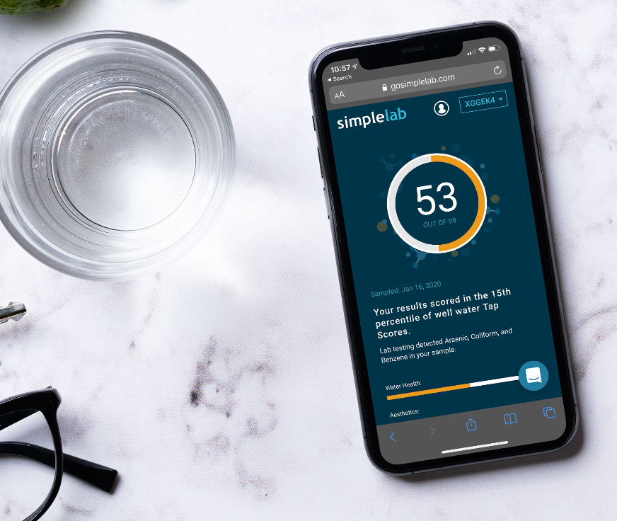 Image of phone with test results back from certified water testing lab.