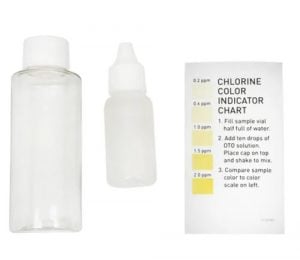 Chlorine test kit with sample vial, reagent dropper bottle, and color indicator chart for measuring chlorine levels in water.