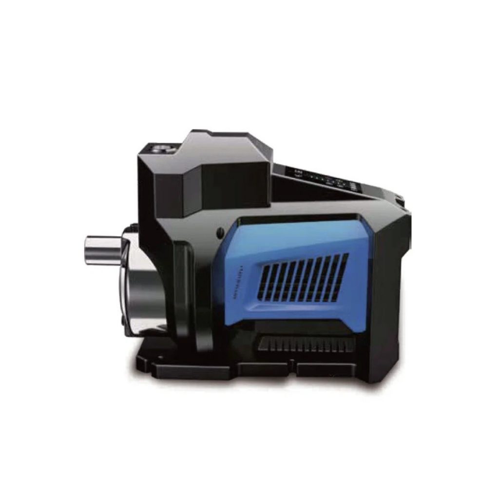 Image of the PM Series Variable Speed 10 HP Booster Pump featuring a sleek black and blue design. This 120V pump is designed for high-efficiency water boosting in residential, commercial, or industrial applications.