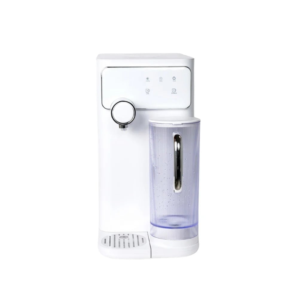 Reverse osmosis countertop water dispenser with cooling function, featuring a sleek white design, digital control panel, and a transparent water container with a silver handle.