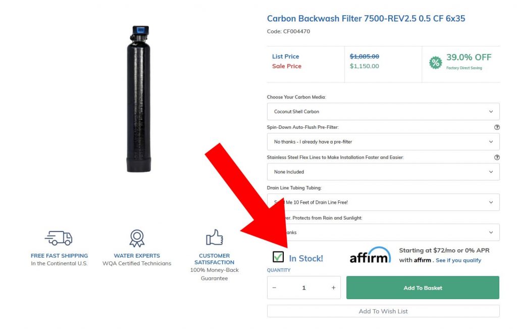 Product page screenshot of the Clean Water Store Carbon Backwash Filter 7500-REV2.5 0.5 CF 6x35, showing sale price, customization options, and in-stock availability highlighted with a red arrow.