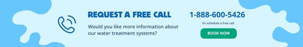 Clean Water Store call-to-action banner inviting users to request a free call for more information about water treatment systems, with phone number and green “Book Now” button.