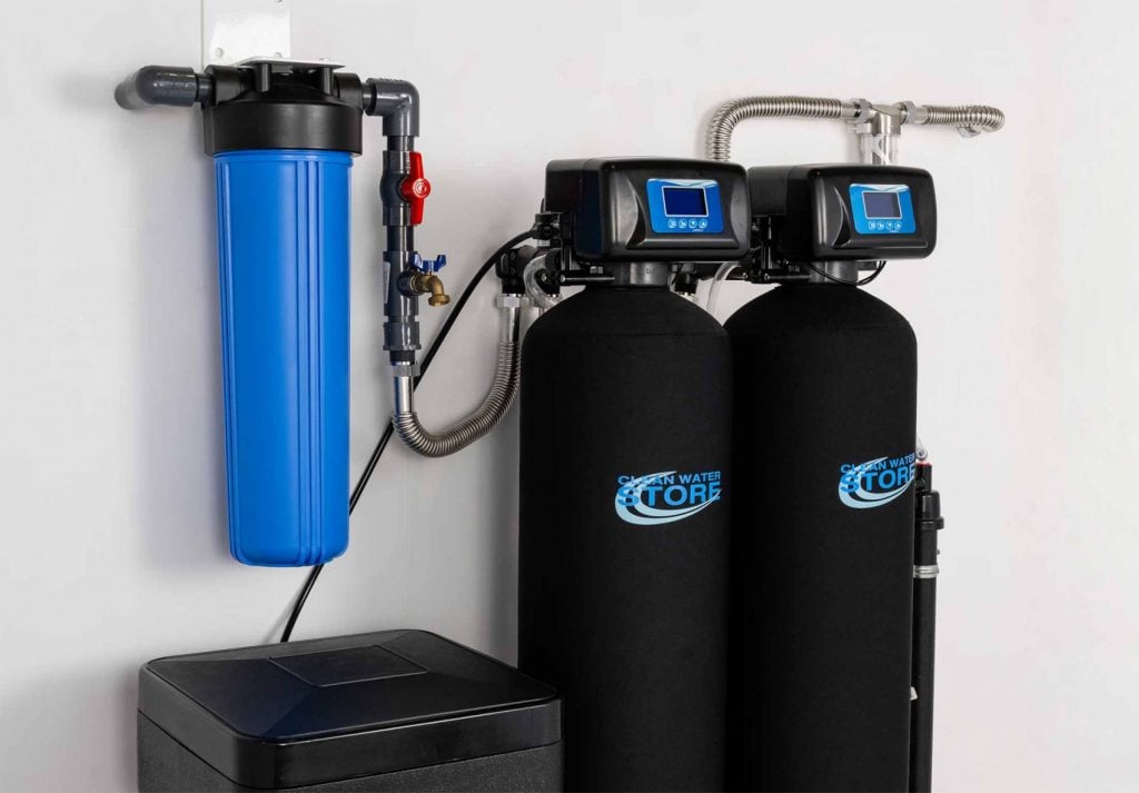 Whole house water filter and softener system with dual tanks, prefilter, and control valves from Clean Water Store.