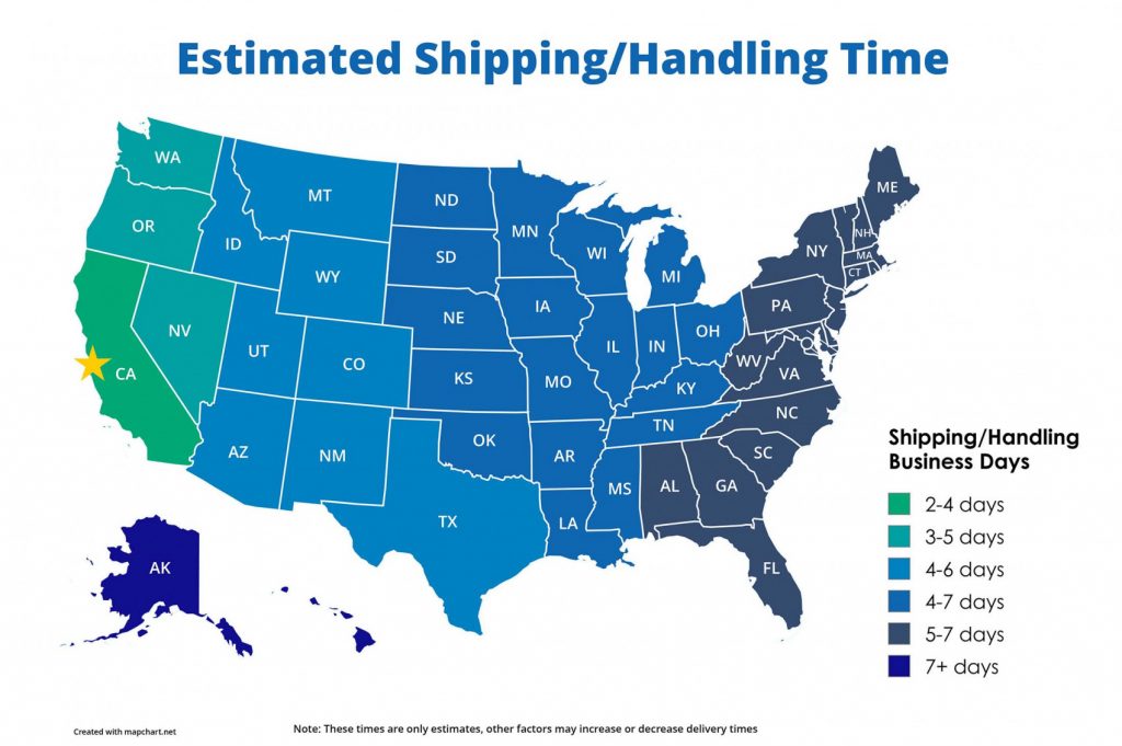 Color-coded U.S. map showing estimated UPS shipping and handling times from Santa Cruz, California. Western states arrive in about 2–4 business days, central states in 4–6 days, and eastern states in 5–7 or more business days.