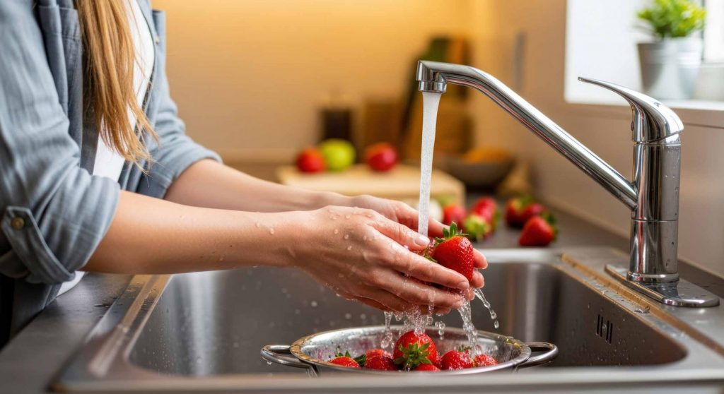 Woman washing strawberries at kitchen sink under tap water