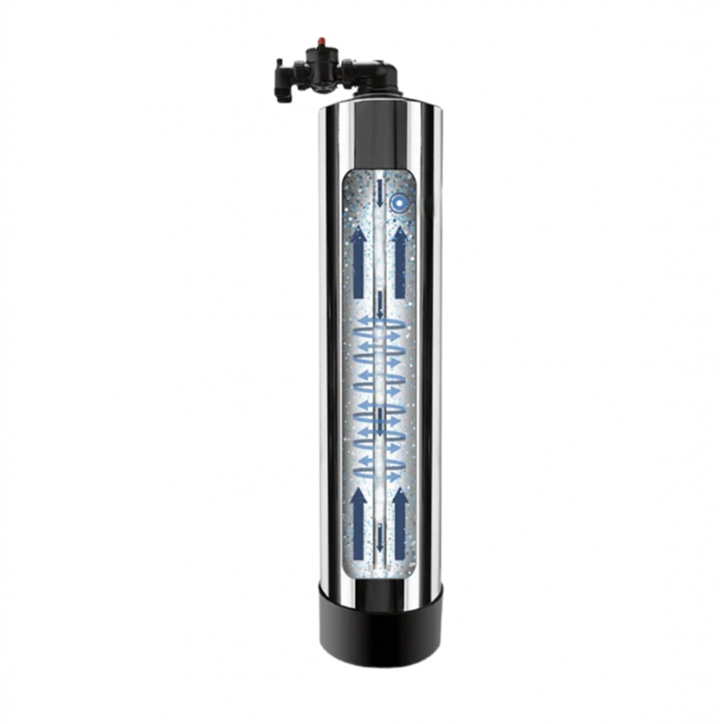 Tac crystals neutralize scale in medium hard water. Graphic shows the tech inside a No Salt Water Conditioner