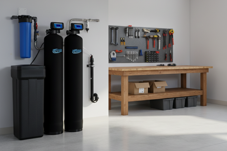 DIY installation idea of water treatment system in garage.