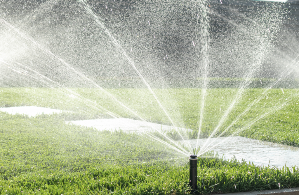 Clear well water irrigating a lawn.