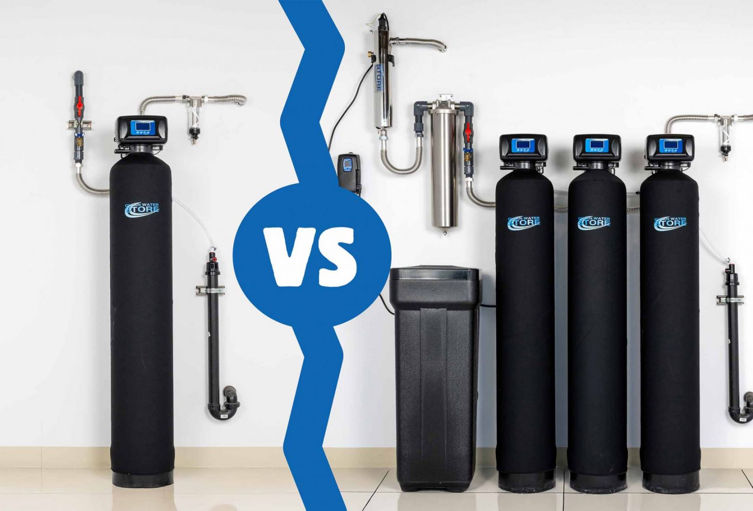 One water system is shown on the left with a versus graphic and a line separating the right side of the image which showing multiple filter water systems installed as a group to work together.