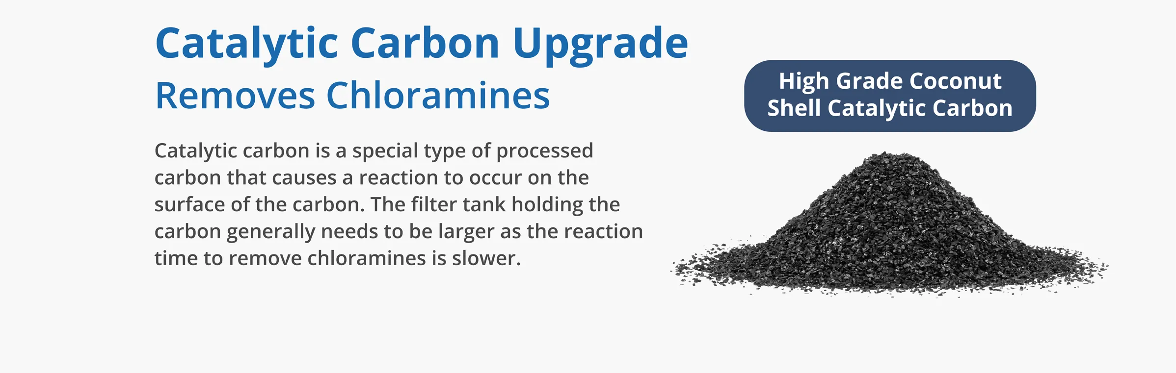 Catalytic Carbon Upgrade
Removes Chloramines
Catalytic carbon is a special type of processed carbon that causes a reaction to occur on the surface of the carbon. The filter tank holding the carbon generally needs to be larger as the reaction time to remove chloramines is slower.