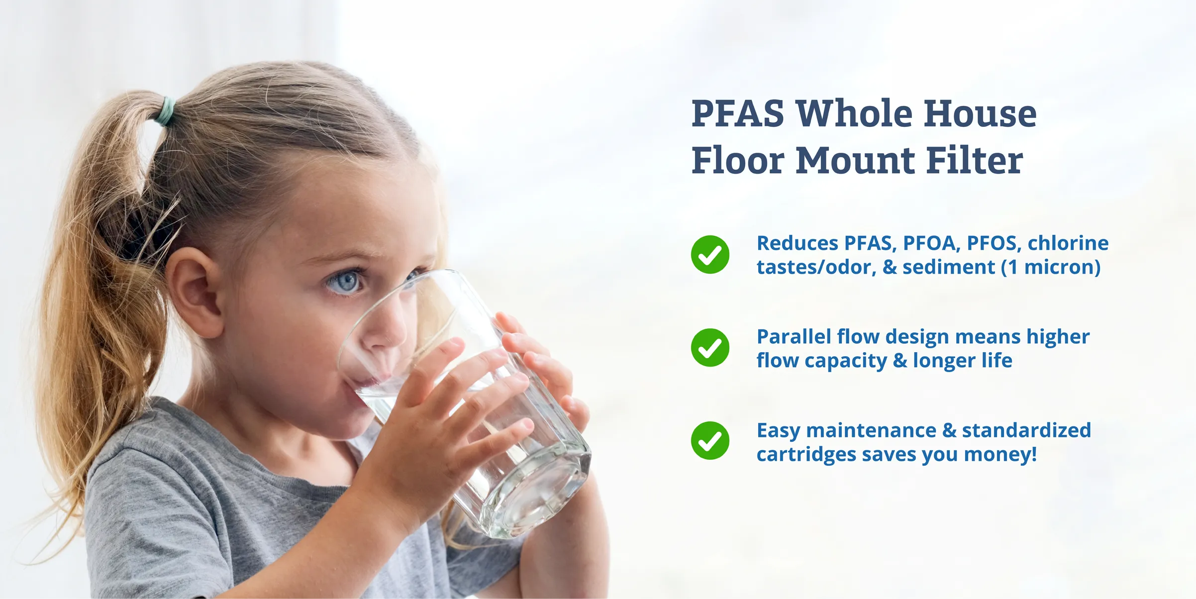 PFAS Whole House floor Mount Filter.
Reduces PFAS, PFOA, PFOS, chlorine tastes/odor, & sediment (1 micron).
Parallel flow design means higher flow capacity & longer life.
Easy maintenance & standardized cartridges saves you money!