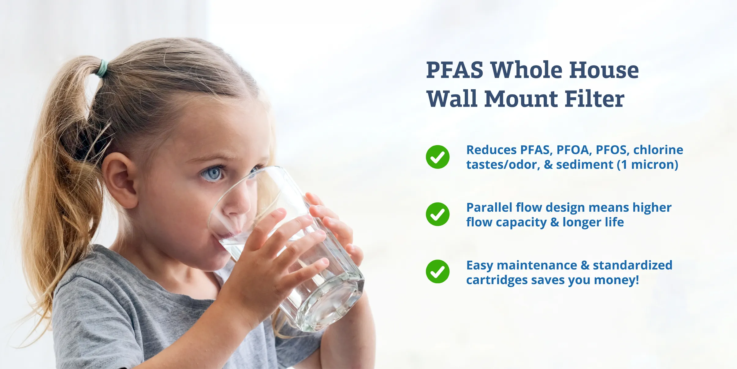 PFAS Whole House Wall Mount Filter.
Reduces PFAS, PFOA, PFOS, chlorine tastes/odor, & sediment (1 micron).
Parallel flow design means higher flow capacity & longer life.
Easy maintenance & standardized cartridges saves you money!