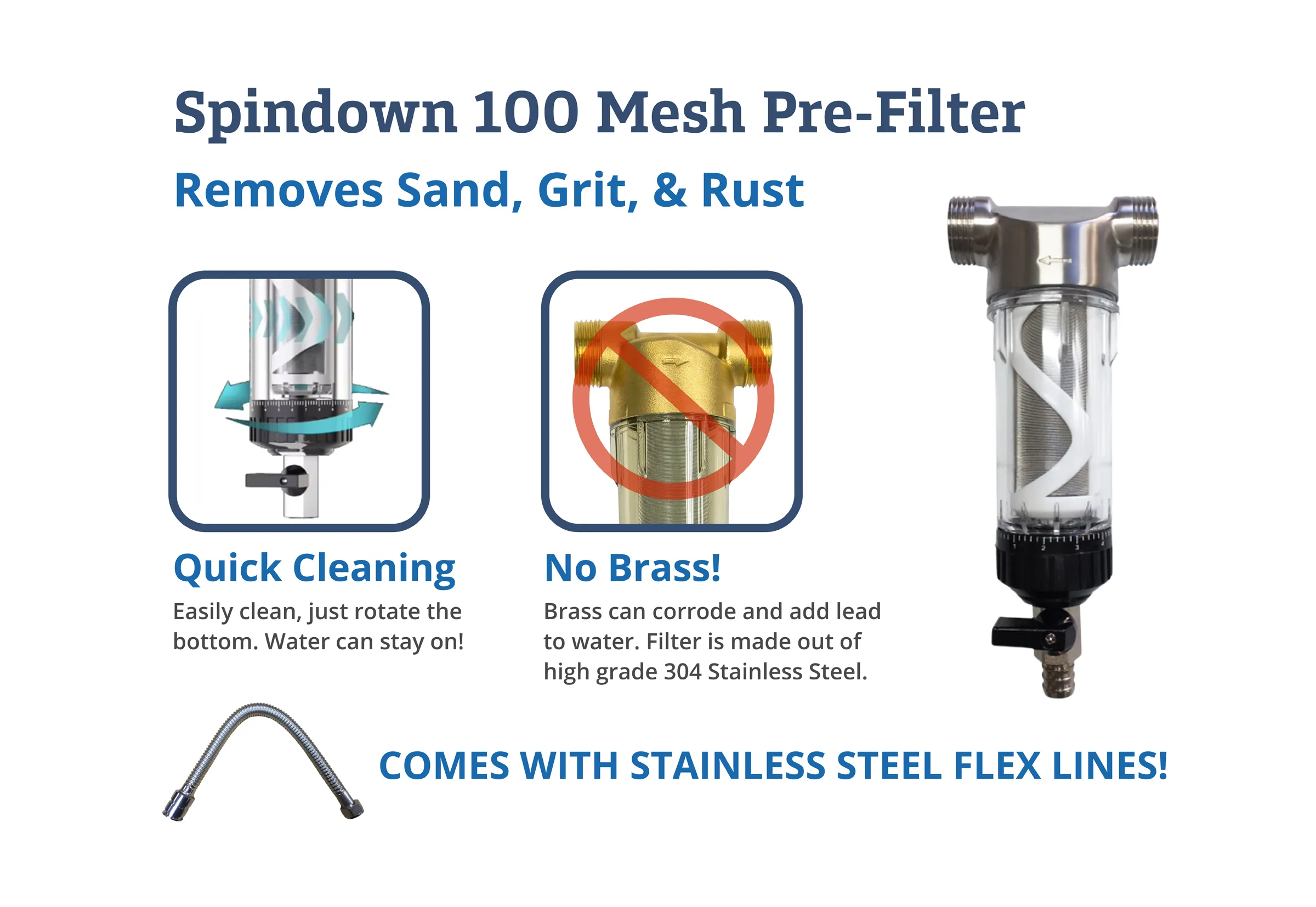 Spindown 100 Mesh Pre-Filter
Removes Sand, Grit, & Rust
Quick Cleaning. Easily clean, just rotate the bottom. Water can stay on!
No Brass! Brass can corrode and add lead to water. Filter is made out of high grade 304 Stainless Steel.
COMES WITH STAINLESS STEEL FLEX LINES!