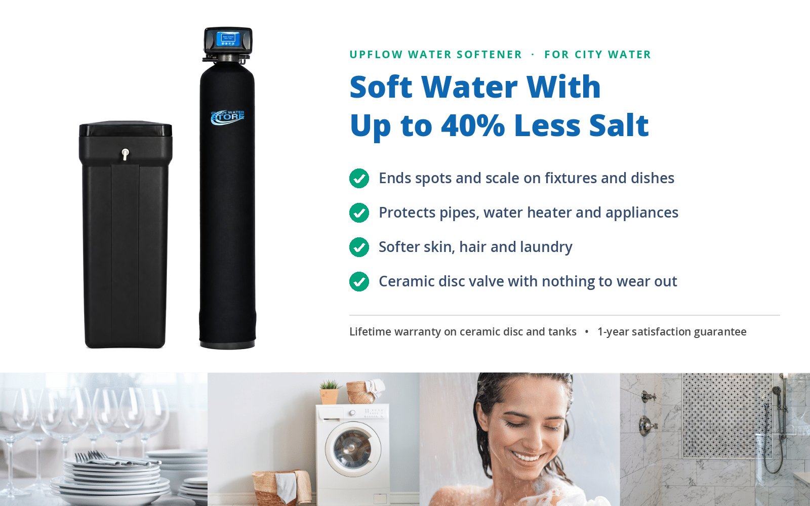 Upflow water softener for city water with square black brine tank — uses up to 40% less salt