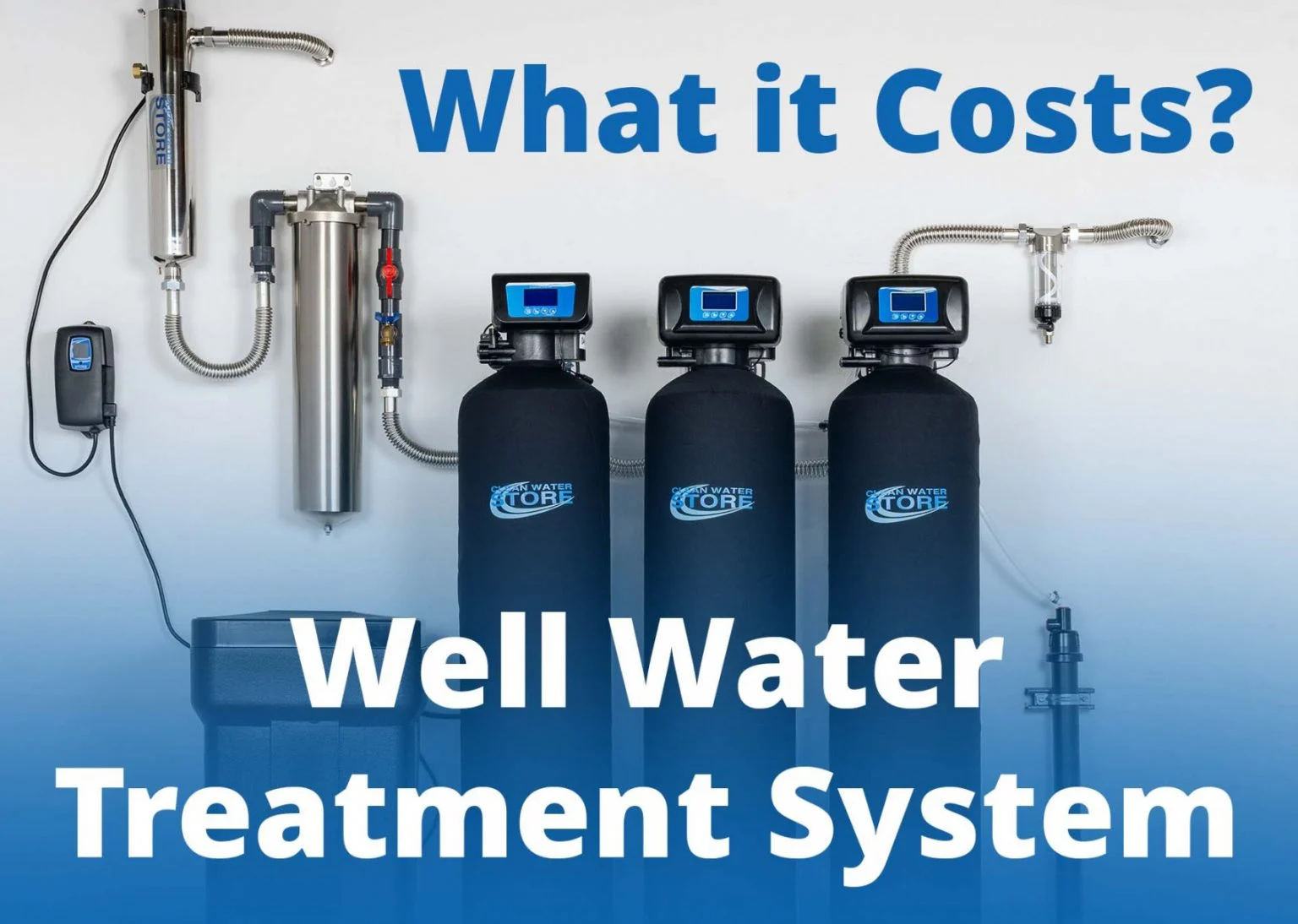 Multiple water system installation of Clean Water Store equipment including UV purifier, stainless steel housing of big blue, sediment pre-filter, a softener and more.