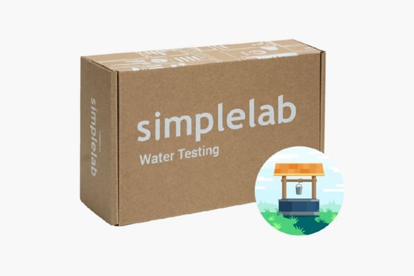 Product image of SimpleLab Water Testing Box for Well Water, shows an illustration of a well.